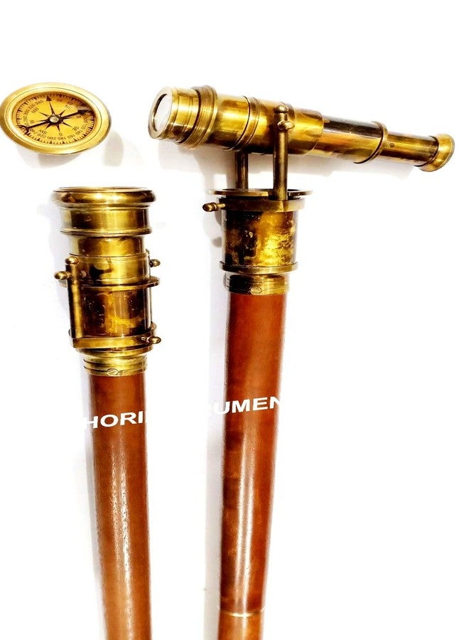 THOR INSTRUMENTS عصا مشي خشبية بنية اللون بنمط بحري، مزودة بمقبض تلسكوب وبوصلة عتيقة، تُضفي لمسة ريفية عتيقة على ديكور المنزل، وتُعدّ هدية مثالية. - Image 1